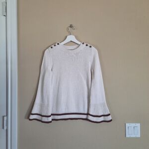 Loft Bell Sleeve Cream Witg Burgundy Trim Knit Sweater Preppy Academic
